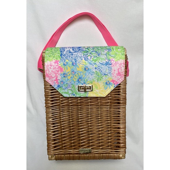 Wicker Wine Tote Lily Pulitzer Picnic Carrier Picnic Tote - Adjustable Strap EUC - Picture 4 of 16